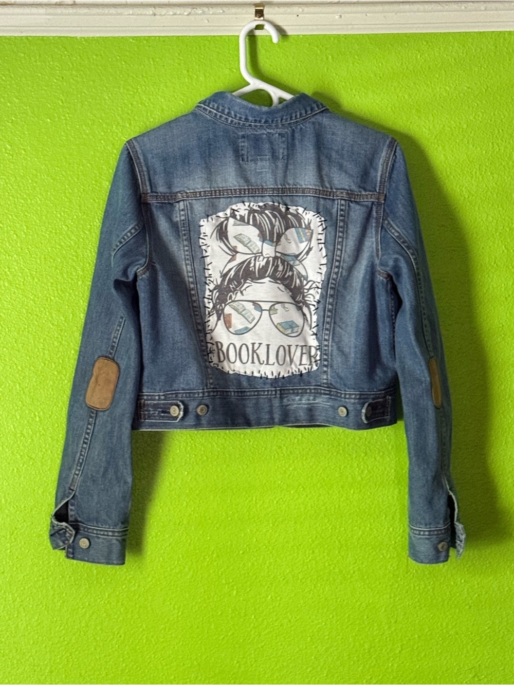 Graphic Booklover Blue Jean Jacket with Elbow Patches